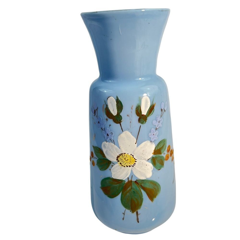 Vintage Victorian Blue Hand Painted Bristol Glass Vase Hand Blown England